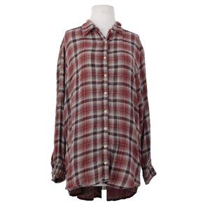 Johnny Was Workshop Top Sz L Burgundy Red Tan Embroidered Buttons Cotton Top